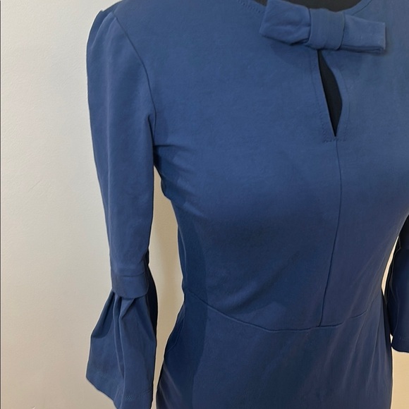 Navy Blue Sheath Dress with Mock Neck and Bell Sleeves for Work - Picture 3 of 12